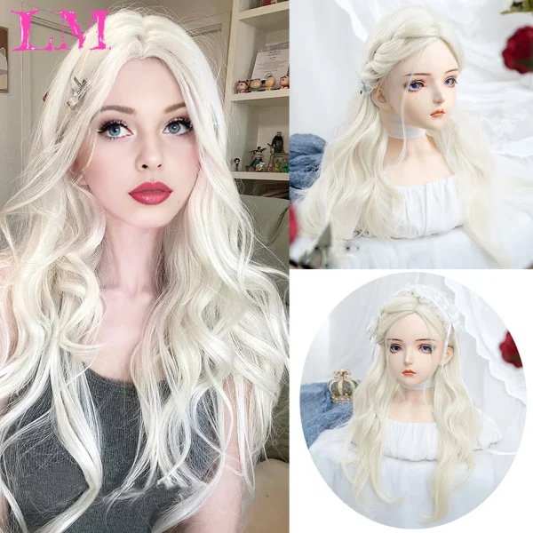 LM Curly Long Wavy Black Blonde Highlights Synthetic Hybrid Wig With Fluffy Bangs Suitable For Women Daily Use - Image 34