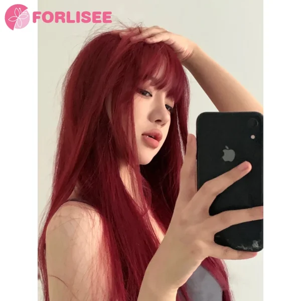 FORLISEE Synthetic Rose Wine Red Long Straight Hair With Bangs Wig Matte High-temperature Silk Breathable And Natural In Summer - Image 5