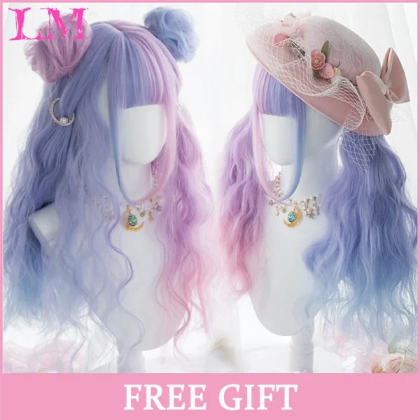 LM Curly Long Wavy Black Blonde Highlights Synthetic Hybrid Wig With Fluffy Bangs Suitable For Women Daily Use - Image 43