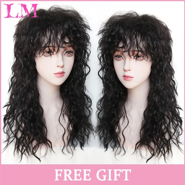 LM Curly Long Wavy Black Blonde Highlights Synthetic Hybrid Wig With Fluffy Bangs Suitable For Women Daily Use - Image 23
