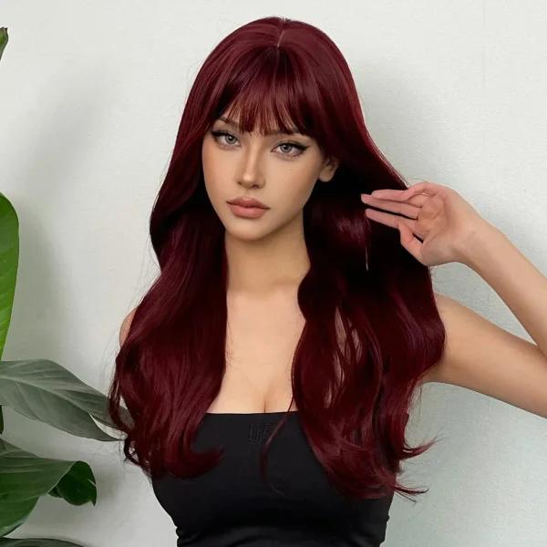 New wine red synthetic wig with bangs big waves long curly hair daily holiday wig high temperature silk full head cover - Image 3