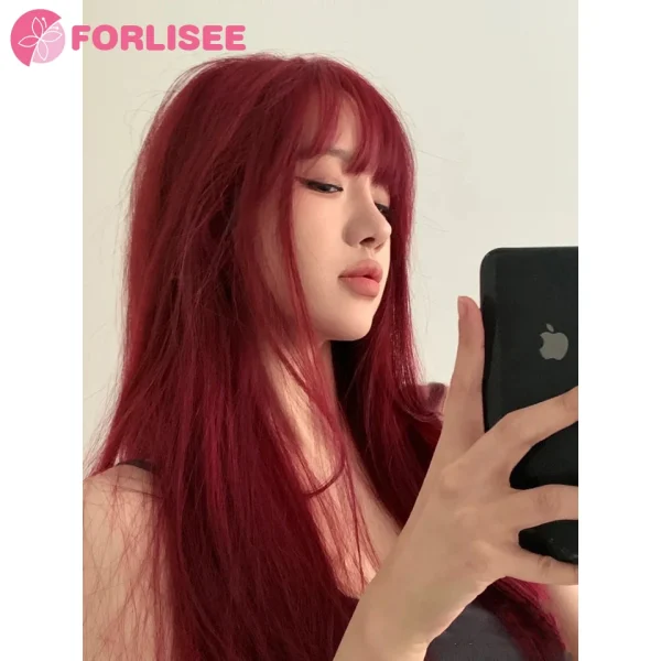 FORLISEE Synthetic Rose Wine Red Long Straight Hair With Bangs Wig Matte High-temperature Silk Breathable And Natural In Summer - Image 4