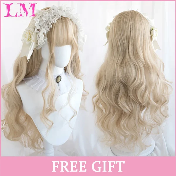 LM Curly Long Wavy Black Blonde Highlights Synthetic Hybrid Wig With Fluffy Bangs Suitable For Women Daily Use - Image 26