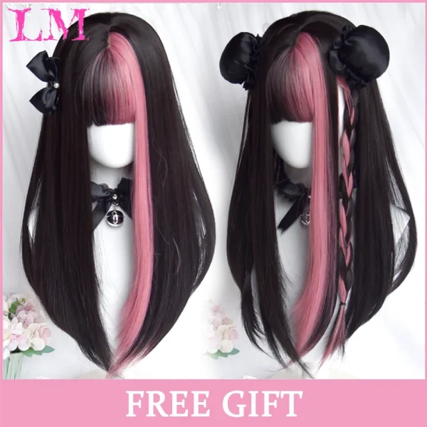 LM Curly Long Wavy Black Blonde Highlights Synthetic Hybrid Wig With Fluffy Bangs Suitable For Women Daily Use - Image 22