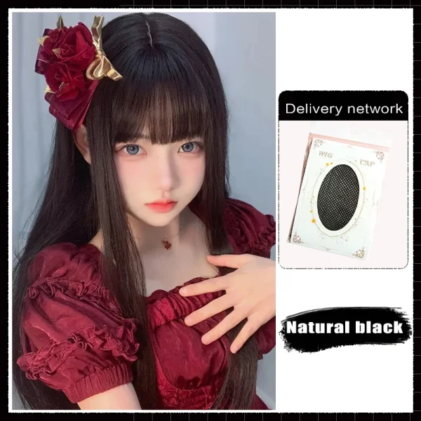 FORLISEE Synthetic Rose Wine Red Long Straight Hair With Bangs Wig Matte High-temperature Silk Breathable And Natural In Summer - Image 12