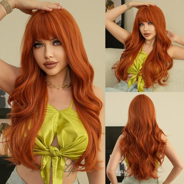 New wine red synthetic wig with bangs big waves long curly hair daily holiday wig high temperature silk full head cover - Image 7