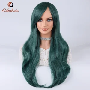 Aideshair Dark green midsection diagonal bangs long curly wig for women heat-resistant fiber synthetic wig daily Cosplay party