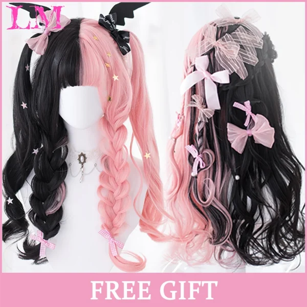 LM Curly Long Wavy Black Blonde Highlights Synthetic Hybrid Wig With Fluffy Bangs Suitable For Women Daily Use - Image 41