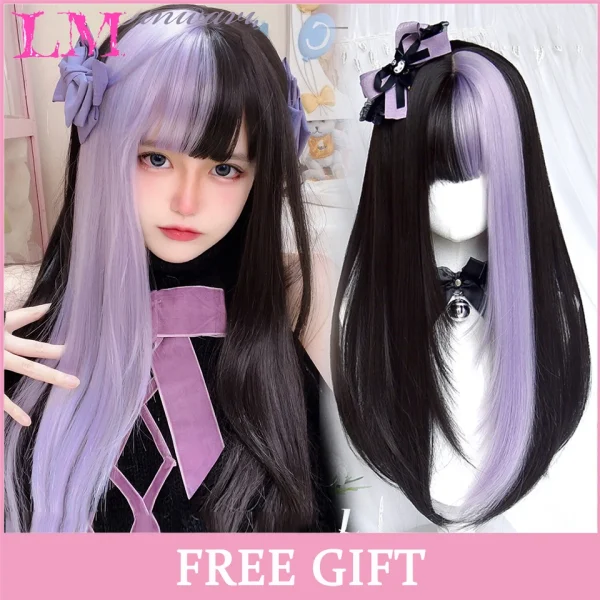 LM Curly Long Wavy Black Blonde Highlights Synthetic Hybrid Wig With Fluffy Bangs Suitable For Women Daily Use - Image 19
