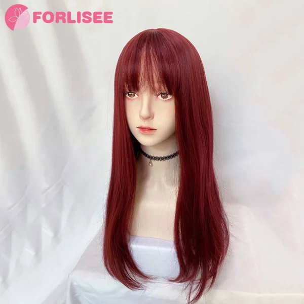 FORLISEE Synthetic Rose Wine Red Long Straight Hair With Bangs Wig Matte High-temperature Silk Breathable And Natural In Summer - Image 6