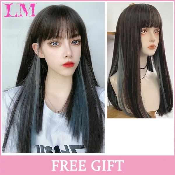 LM Curly Long Wavy Black Blonde Highlights Synthetic Hybrid Wig With Fluffy Bangs Suitable For Women Daily Use - Image 30