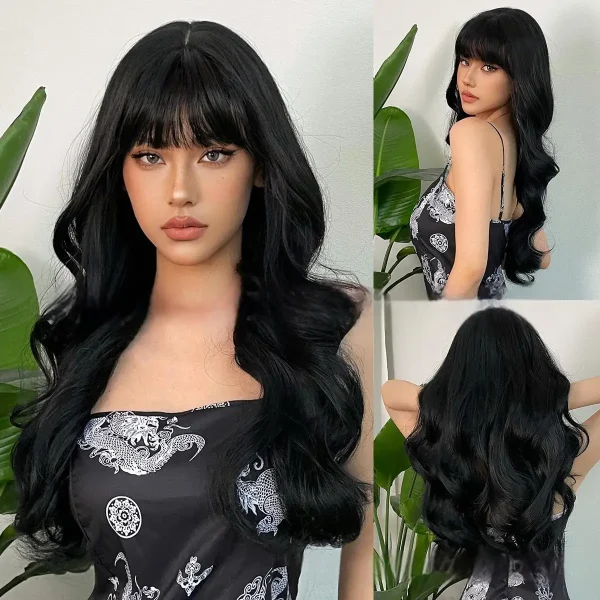 New wine red synthetic wig with bangs big waves long curly hair daily holiday wig high temperature silk full head cover - Image 8