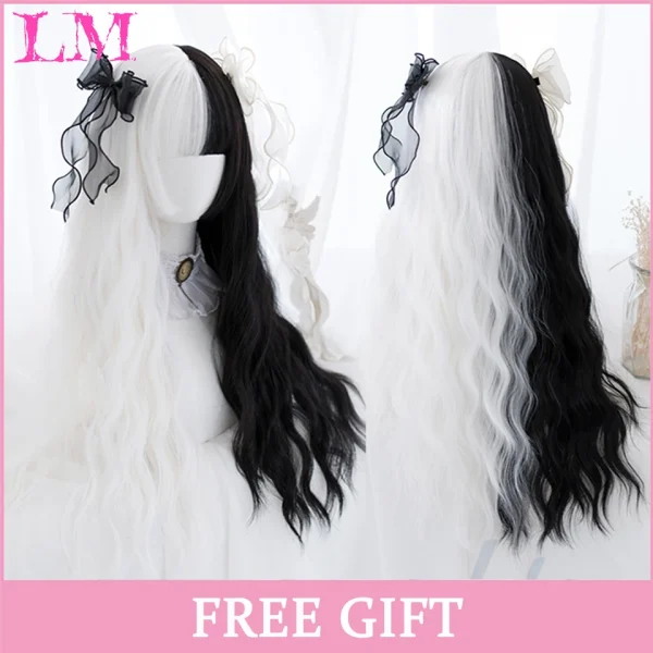 LM Curly Long Wavy Black Blonde Highlights Synthetic Hybrid Wig With Fluffy Bangs Suitable For Women Daily Use - Image 60