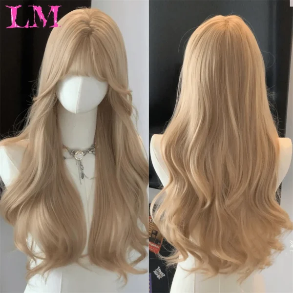 LM Curly Long Wavy Black Blonde Highlights Synthetic Hybrid Wig With Fluffy Bangs Suitable For Women Daily Use