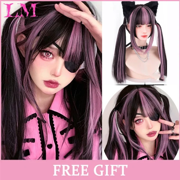 LM Curly Long Wavy Black Blonde Highlights Synthetic Hybrid Wig With Fluffy Bangs Suitable For Women Daily Use - Image 15
