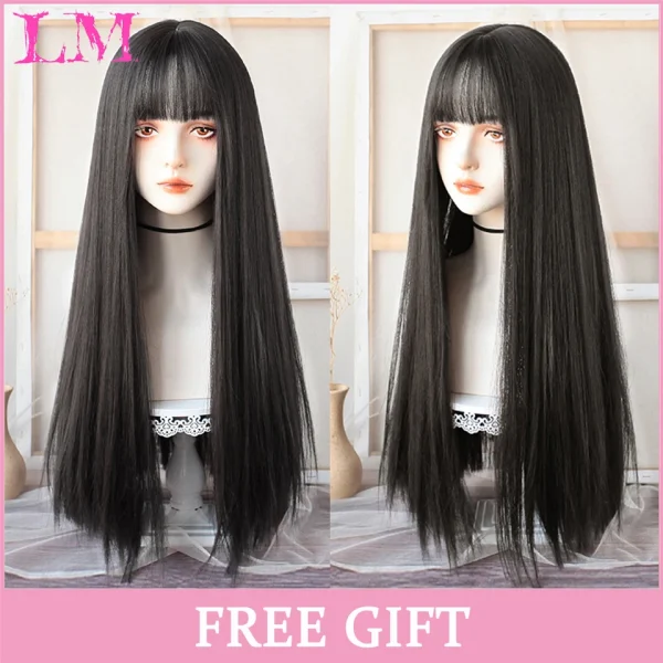 LM Curly Long Wavy Black Blonde Highlights Synthetic Hybrid Wig With Fluffy Bangs Suitable For Women Daily Use - Image 48