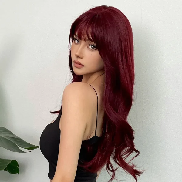 New wine red synthetic wig with bangs big waves long curly hair daily holiday wig high temperature silk full head cover - Image 4