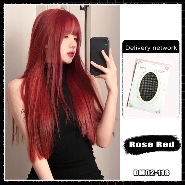 FORLISEE Synthetic Rose Wine Red Long Straight Hair With Bangs Wig Matte High-temperature Silk Breathable And Natural In Summer - Image 7