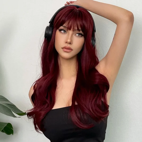 New wine red synthetic wig with bangs big waves long curly hair daily holiday wig high temperature silk full head cover - Image 5