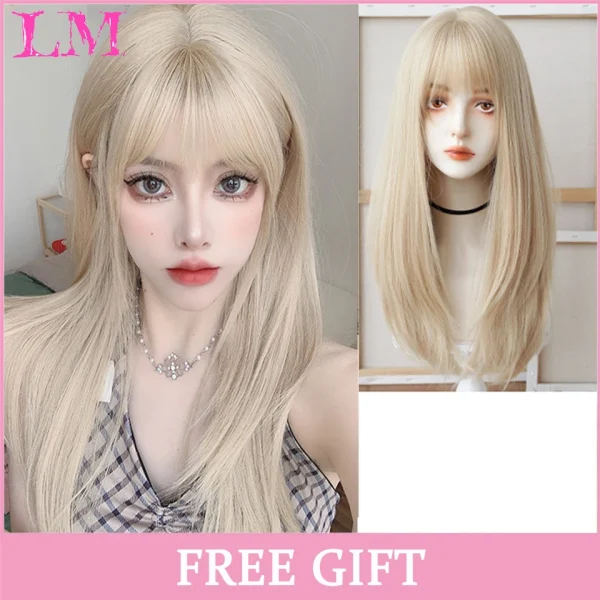 LM Curly Long Wavy Black Blonde Highlights Synthetic Hybrid Wig With Fluffy Bangs Suitable For Women Daily Use - Image 50