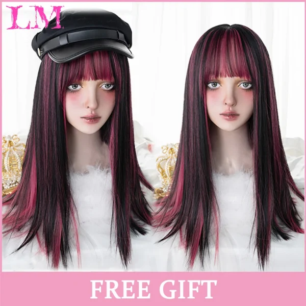 LM Curly Long Wavy Black Blonde Highlights Synthetic Hybrid Wig With Fluffy Bangs Suitable For Women Daily Use - Image 42