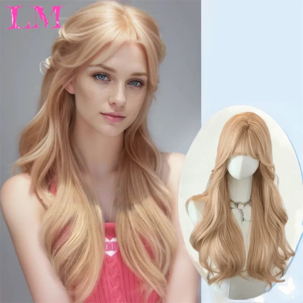 LM Curly Long Wavy Black Blonde Highlights Synthetic Hybrid Wig With Fluffy Bangs Suitable For Women Daily Use - Image 3