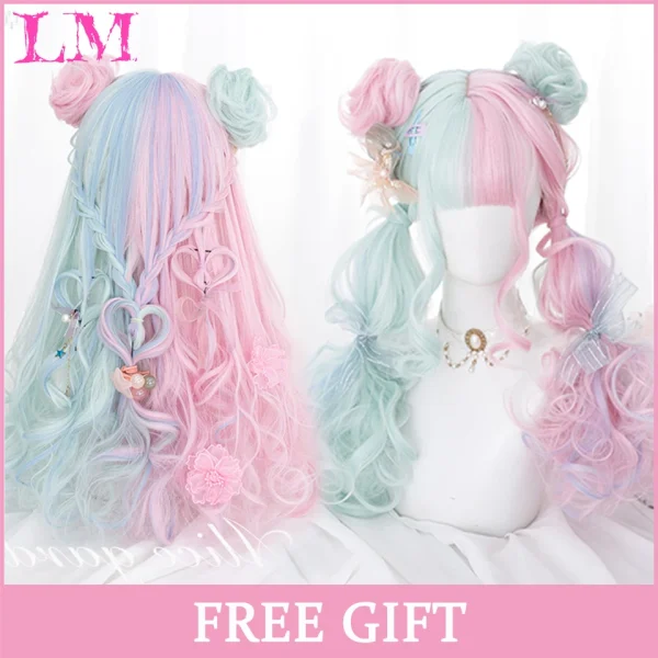 LM Curly Long Wavy Black Blonde Highlights Synthetic Hybrid Wig With Fluffy Bangs Suitable For Women Daily Use - Image 52