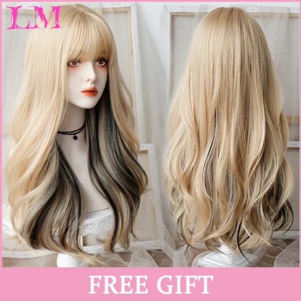 LM Curly Long Wavy Black Blonde Highlights Synthetic Hybrid Wig With Fluffy Bangs Suitable For Women Daily Use - Image 10