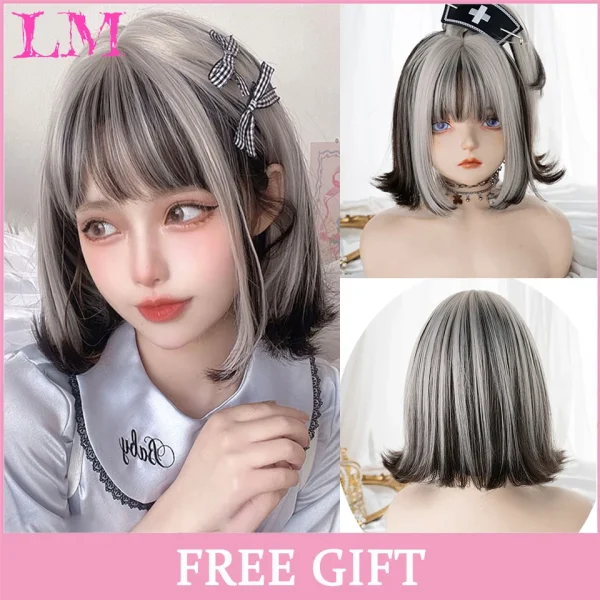 LM Curly Long Wavy Black Blonde Highlights Synthetic Hybrid Wig With Fluffy Bangs Suitable For Women Daily Use - Image 33