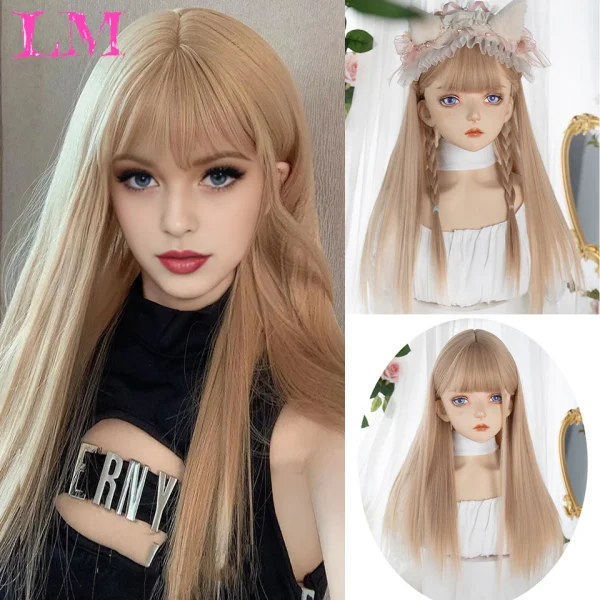 LM Curly Long Wavy Black Blonde Highlights Synthetic Hybrid Wig With Fluffy Bangs Suitable For Women Daily Use - Image 38