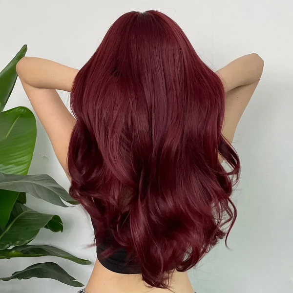 New wine red synthetic wig with bangs big waves long curly hair daily holiday wig high temperature silk full head cover - Image 2