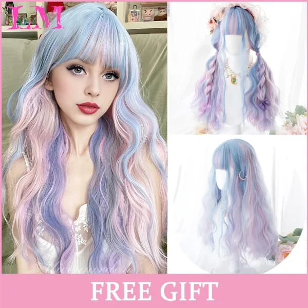LM Curly Long Wavy Black Blonde Highlights Synthetic Hybrid Wig With Fluffy Bangs Suitable For Women Daily Use - Image 57