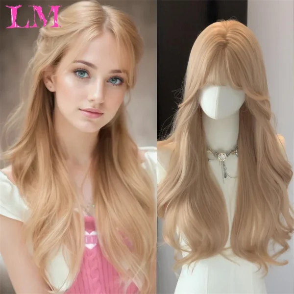 LM Curly Long Wavy Black Blonde Highlights Synthetic Hybrid Wig With Fluffy Bangs Suitable For Women Daily Use - Image 2