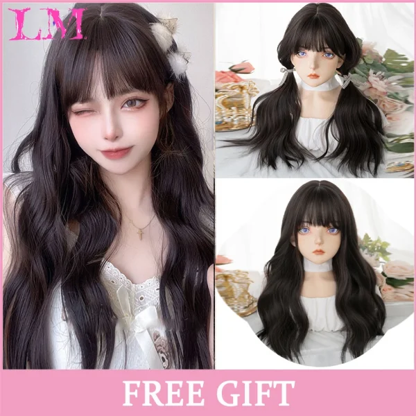 LM Curly Long Wavy Black Blonde Highlights Synthetic Hybrid Wig With Fluffy Bangs Suitable For Women Daily Use - Image 24