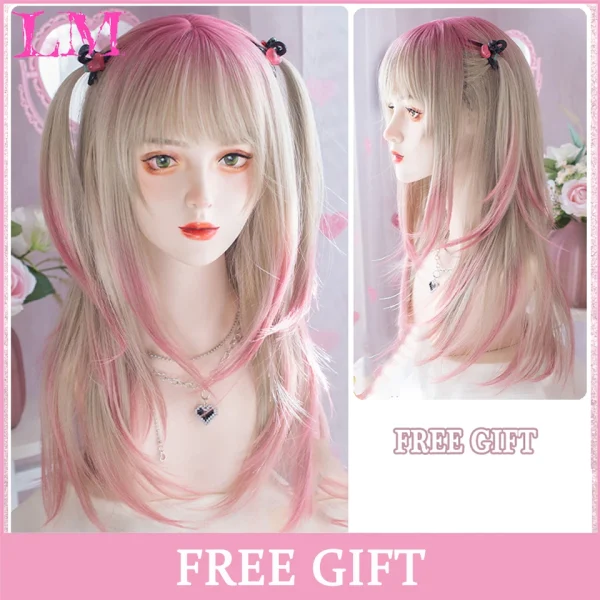 LM Curly Long Wavy Black Blonde Highlights Synthetic Hybrid Wig With Fluffy Bangs Suitable For Women Daily Use - Image 51